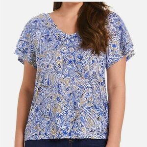 Rafaella Women's V-Neck Knit top, flounce sleeve Bell Sleeve. Size Large. NWT.